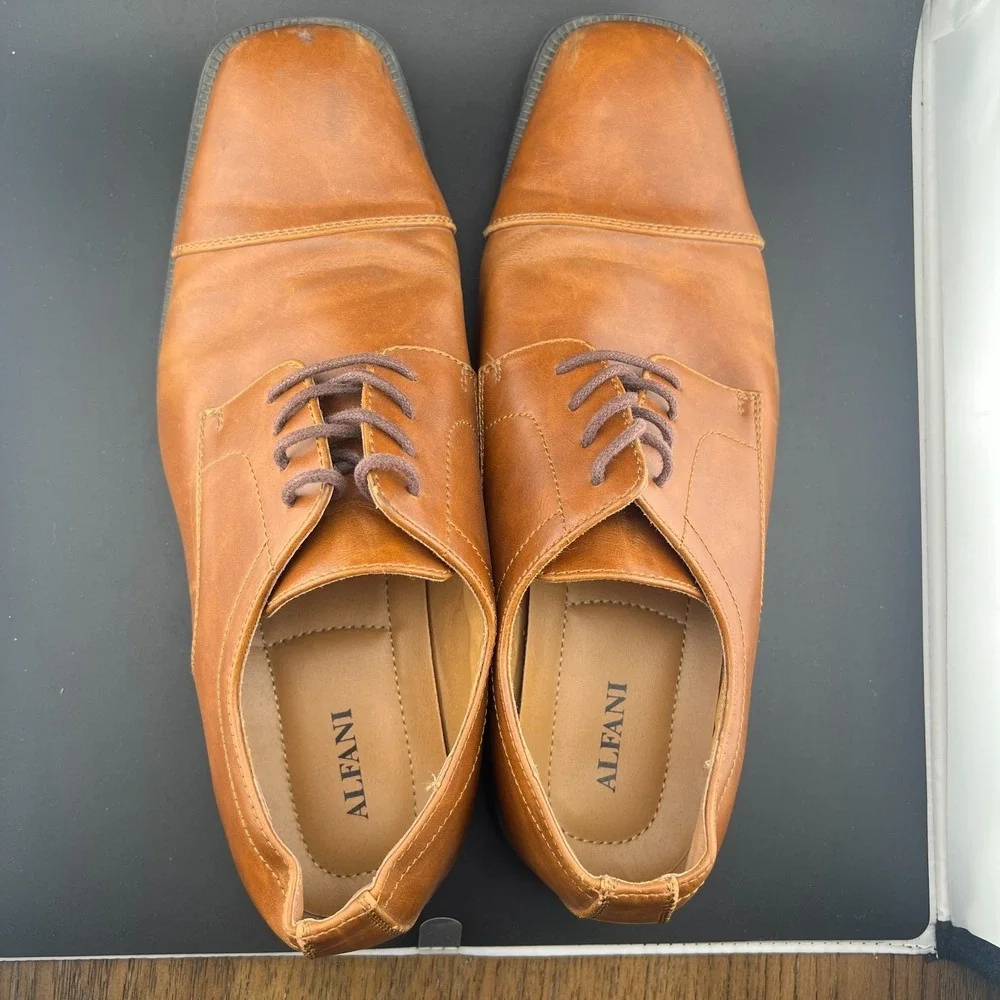 Alfani Adam 42101 Mens 11.5 M Oxford Brown Leather Cap Toe Lace Up Dress Shoes